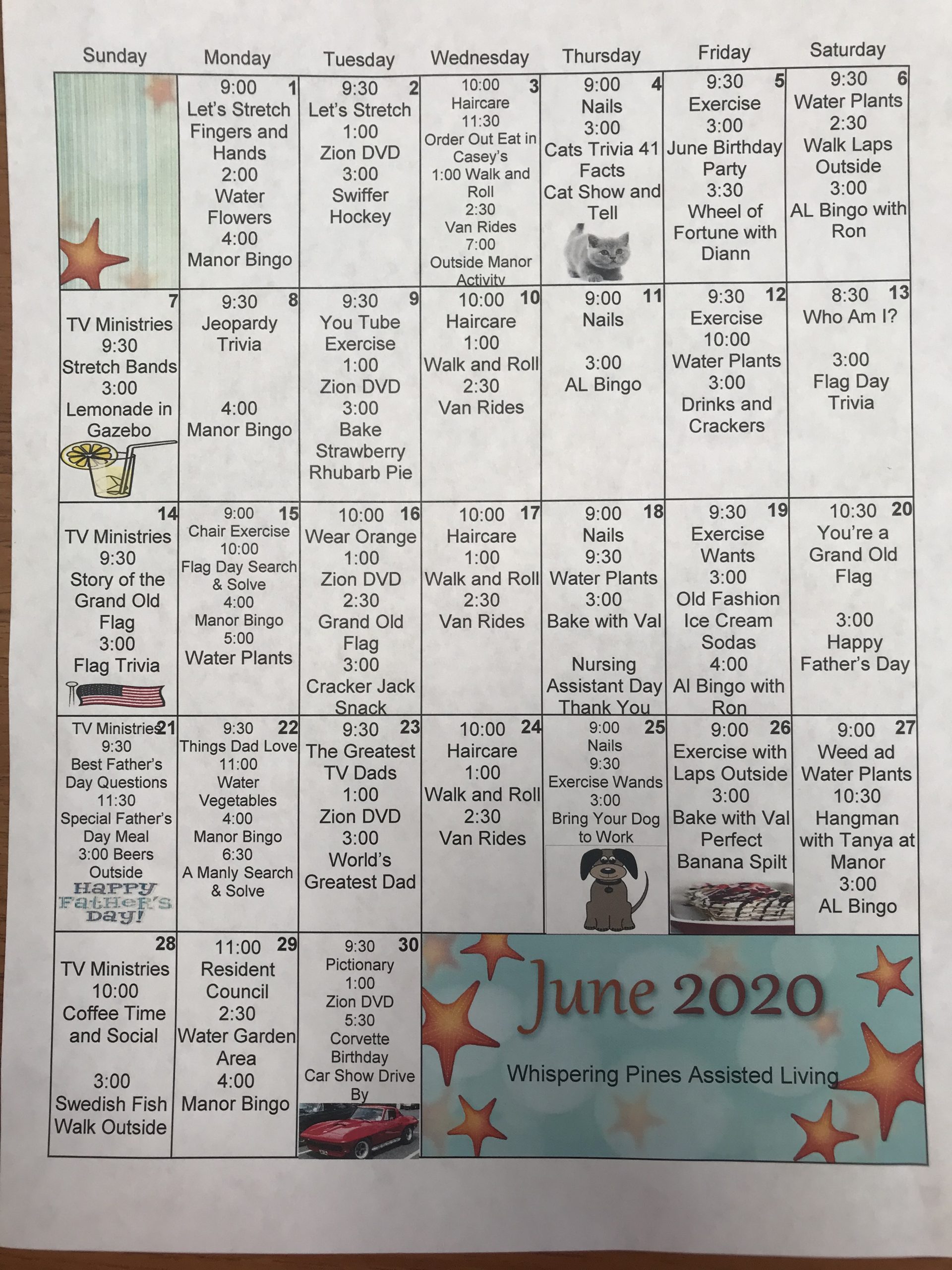 JuneAssistedLivingCalendar2020 Plainview Manor and Whispering